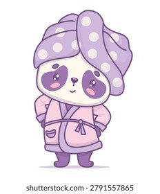 Cute Panda Bear Kawaii Character In Bathrobe With Towel On Head. Daily Self Care Routine. Spa Day. Vector Illustration. Kids collection