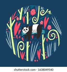 Cute panda bear laying on tree, branches leaves hearts and fruits composition. Cover design. Vector flat illustration.