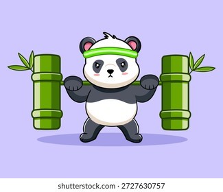 Cute Panda Bear Lifting Bamboo Barbell Pesos Ilustración vectorial Diseño de dibujos animados