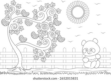Cute Panda Bear Line Art for Kids Coloring Book. Charming illustration of a happy panda, whimsical tree with decorative fruit, fence, sun, and birds in a serene outdoor scene.