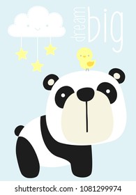 cute panda bear with little bird and design elements. design for baby and children. can be used for baby room wall art, nursery decoration or invitations