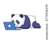 Cute panda bear lying on ground using blue laptop computer, looking focused and engaged.
