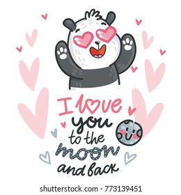 Cute Panda bear madly in love with lettering calligraphy text on romantic pink background with hearts. I love you to the moon and back. Hand drawn illustration in cartoon, doodle style for card