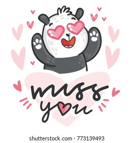 Cute Panda bear madly in love with lettering calligraphy text on romantic pink background with hearts. Miss you. Hand drawn illustration in cartoon, doodle style for greeting card, poster