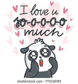 Cute Panda bear madly in love with lettering calligraphy text on romantic pink background with hearts. I love you so much. Hand drawn love greeting card illustration in cartoon style