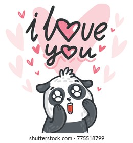 Cute Panda bear madly in love with lettering calligraphy text on romantic pink background with hearts. I love you. Hand drawn love greeting card illustration in cartoon style