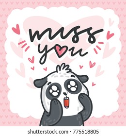 Cute Panda bear madly in love with lettering calligraphy text on romantic pink background with hearts. Miss you. Hand drawn love greeting card illustration in cartoon style