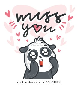 Cute Panda bear madly in love with lettering calligraphy text on romantic pink background with hearts. Miss you. Hand drawn love greeting card illustration in cartoon style