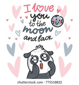 Cute Panda bear madly in love with lettering calligraphy text on romantic pink background with hearts. I love you to the moon and back. Hand drawn love greeting card illustration in cartoon style