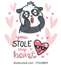 Cute Panda bear madly in love with lettering calligraphy text on romantic pink background with hearts. You stole my heart. Hand drawn love greeting card illustration in cartoon style