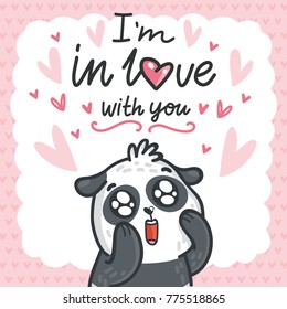 Cute Panda bear madly in love with lettering calligraphy text on romantic pink background with hearts. I'm in love with you. Hand drawn love greeting card illustration in cartoon style