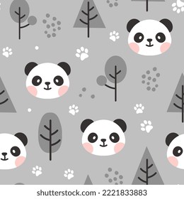 cute panda bear monochrome grey forest kids scandinavian style seamless pattern background with trees and animal footprints. Bedding children vector design, fabric and textile print.