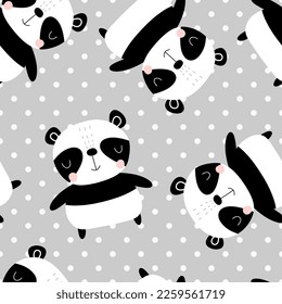 Cute panda bear neutral grey background polka dot texture baby girl and boy seamless pattern for fabric and textile print, wrapping paper monochrome cartoon vector design