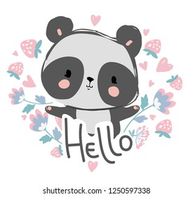 Cute panda bear on a background of flowers with the inscription Hello. Vector Illustration.