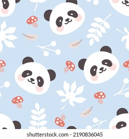 un oso panda lindo sobre un fondo azul con hojas y setas, niños kawaii animales de bosque sin fisuras patrón para tela e impresión textil, colorido diseño de papel envolvente forestal