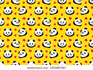 Un oso panda lindo sobre un fondo amarillo brillante con corazones rojos. Patrón sin fisuras animal, imprimir. Ilustración del vector