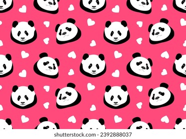 Un oso panda lindo sobre un fondo rosa brillante con corazones blancos. Patrón sin fisuras animal, imprimir. Ilustración del vector