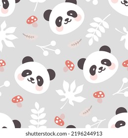 cute panda bear on a grey background with leaves and mushrooms, kids kawaii woodland animals seamless pattern for fabric and textile print, colorful forest wrapping paper design