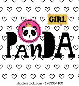 Cute panda bear on heart pattern background.