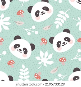 cute panda bear on a mint green background with leaves and mushrooms, kids kawaii woodland animals seamless pattern for fabric and textile print, colorful forest wrapping paper design