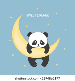 Cute panda bear on the moon. Baby print, vector illustration for kids