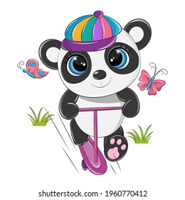 Cute panda bear on a pink scooter with a cute smile and beautiful eyes. The isolated animal is shown on a white background and will work well for baby products.