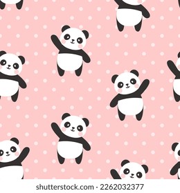 Cute panda bear on a pink girly backgrount with polka dot texture. Kids kawaii animals seamless vector pattern.