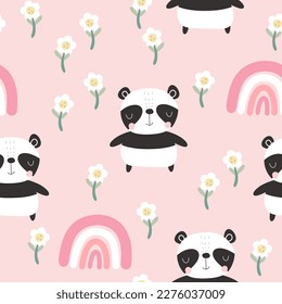 Oso de panda lindo sobre un fondo rosado sin costuras con flores de campo y arcos. Tejidos y vectores textiles ondulados.