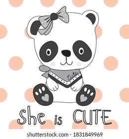 cute panda bear on polka dots background vector illustration