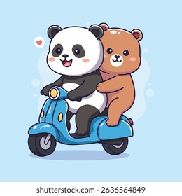 Netter Panda und Bär auf Roller. Vektorgrafik.