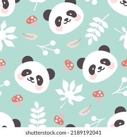 cute panda bear on a soft pastel color mint background with leaves and mushrooms, kids kawaii woodland animals seamless pattern for fabric and textile print, colorful forest wrapping paper design