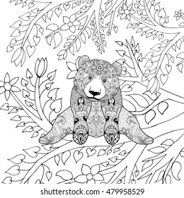 Cute panda bear on tree branches. Black white hand drawn doodle animal. Ethnic patterned vector illustration. African, indian, totem, tribal, zentangle design. Sketch for coloring page, tattoo, poster