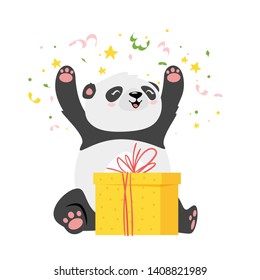 Cute panda bear opening birthday present flat vector illustration. Asian rainforest animal celebrating b-day. Jungle wild baby mammal at anniversary party. Cartoon character with gift and confetti