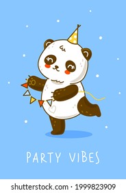 Cute panda bear with party flags on blue background - cartoon character for happy Birthday design