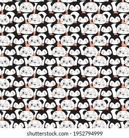 Cute panda bear and penguin seamless pattern background, vector illustration, animal cartoon pattern. Cute happy adorable Panda and penguin pattern.
