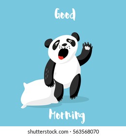 Cute panda bear with pillow wakes up. Good morning card. Vector illustration.