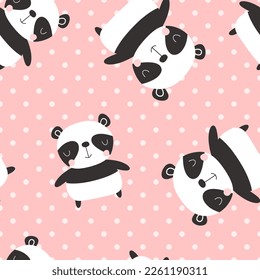 Cute panda bear pink background polka dot texture baby girl seamless pattern for fabric and textile print, wrapping paper bright vector design