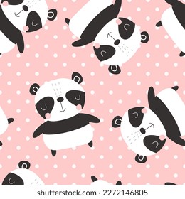 Cute panda oso de fondo rosa polka textura punto bebé niña patrón sin fisuras para tela e impresión textil, envolver papel diseño vector brillante