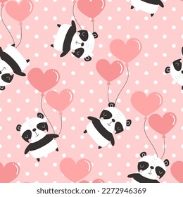 Cute panda bear pink background polka dot texture and heart balloons baby girl seamless pattern for fabric and textile print, wrapping paper bright vector design