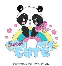 Cute Panda Bear y arco rosado con arco iris, ilustración vectorial Diseño impreso para camiseta.