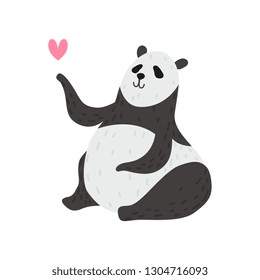 Cute Panda Bear with Pink Heart, Happy Lovely Animal Character Vector Illustration