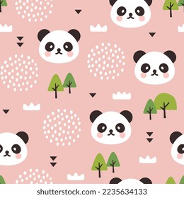 cute panda bear pink scandinavian forest seamless pattern wallpaper, kids cute woodland animals with clouds and pines fabric and textile print design.