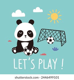 Cute panda bear playing football at yard. Cartoon panda character hand drawn illustration for fabric textile print wrapping paper design.