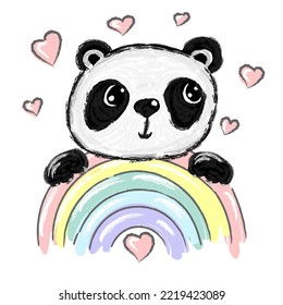 Cute Panda Bear with rainbow and hearts, vector illustration hand drawn panda. Design print for t-shirt. Magical hearts