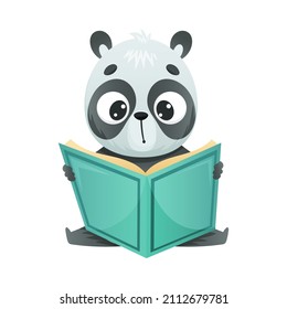 Cute Panda Bär lesen Buch. Klintelligentes Baby-Tier sitzt und studiert mit Buchcartoon Vektorgrafik