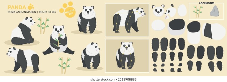 Cute panda bear ready for animation rigging , multiple poses, collection multiple angles including accessories, cartoon teddy bear character vector pack.