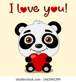 Cute Panda bear with red heart in paws and text I love you - Valentine's card