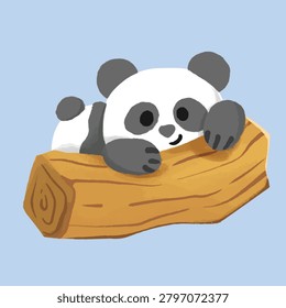 Cute panda bear resting on a wooden log in a charming cartoon style. Adorable animal illustration featuring a relaxed and playful giant panda character, perfect for nursery decor, children's books, educational materials, stickers, greeting cards, t-shirts, sublimation projects, printable crafts, baby products, and digital clipart collections. Hand-drawn artwork with soft colors and a friendly appearance, isolated on background.