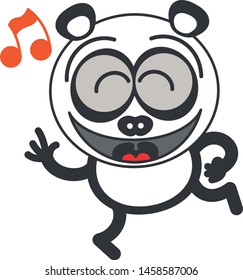 Cute panda bear with rounded ears and black rings around eyes while closing its bulging eyes, smiling generously and having lots of fun by dancing animatedly
