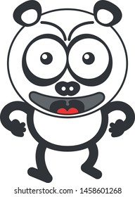 Cute panda bear with rounded ears and black rings around eyes while frowning, walking, clenching its fists and showing a very aggressive mood as for protesting against something